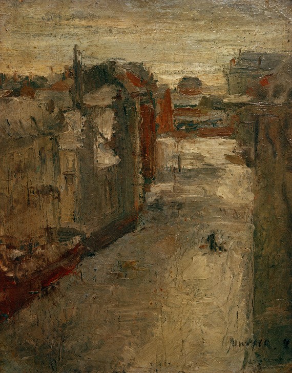 James Ensor, Van Iseghemlaan im Schnee (Architektur,Geographie,Haus,Jahreszeiten,Kunst,Seebad,Stadt,Strasse (Allgemein),Winter,Wohnhaus (Allgemein),Impressionismus,Schnee,Vedute,Stadtansicht,Architekturdarstellung,Vogelschau,Belgische Kunst,Ansicht,Topographie,Signatur)