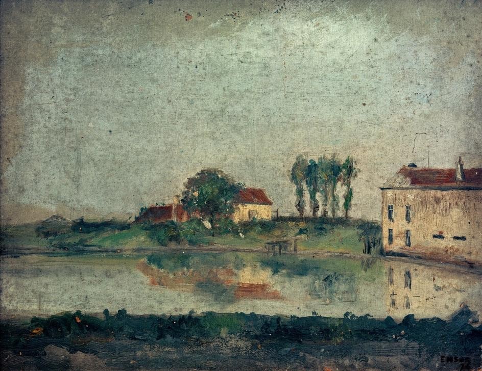 James Ensor, Garten von Café Tivoli (Architektur,Gartenwirtschaft,Garten Und Park,Gastronomie,Gewässer,Haus,Kunst,Landschaft,Impressionismus,See,Spiegelung,Architekturdarstellung,Belgische Kunst,Cafe,Ansicht,Garten)