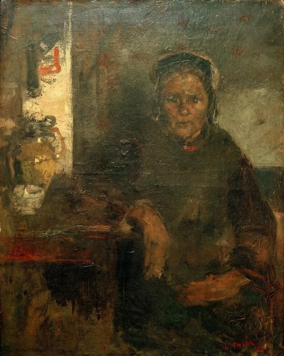 James Ensor, Fischersfrau (Fischerei,Frau,Kopfbedeckung,Kunst,Tracht,Volkskunde,Portrait,Haube,Belgische Kunst,Kleidung (Allgemein),Sitzen,Blick Aus Dem Bild,Kniestück,Fischerin,Land Und Leute,Signatur)