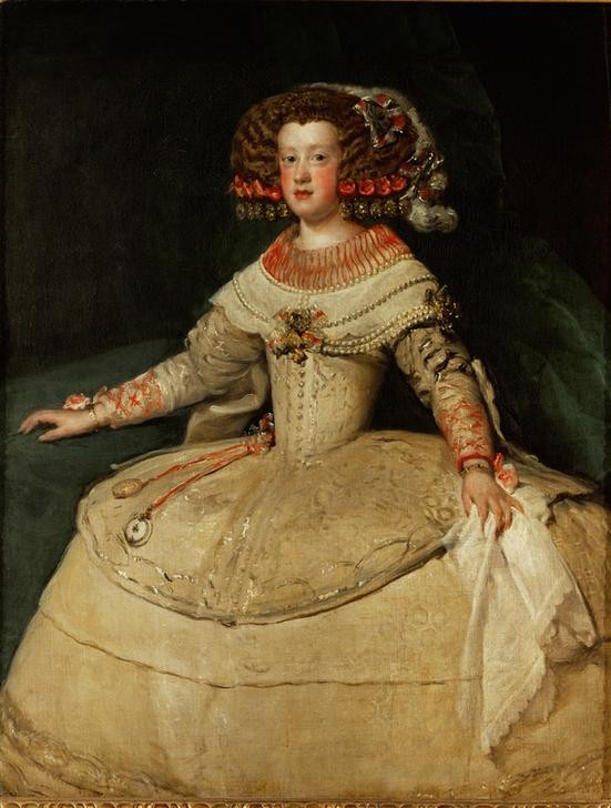 Diego Rodriguez de Silva y Velasquez, Infantin Maria Teresa (Damenmode,Geschichte,Infant,Jugend (Lebensalter),Königin,Mädchen,Mode,Schmuck,Perle,Barock,Korsage,Portrait,Habsburger,Adel,Spanische Kunst,Kleid,Infantin,Haarschmuck,Kleidung (Allgemein),Kragen,Junge Frau,Reifrock,Kniestück,Spitzentuch,Person,Frisur)