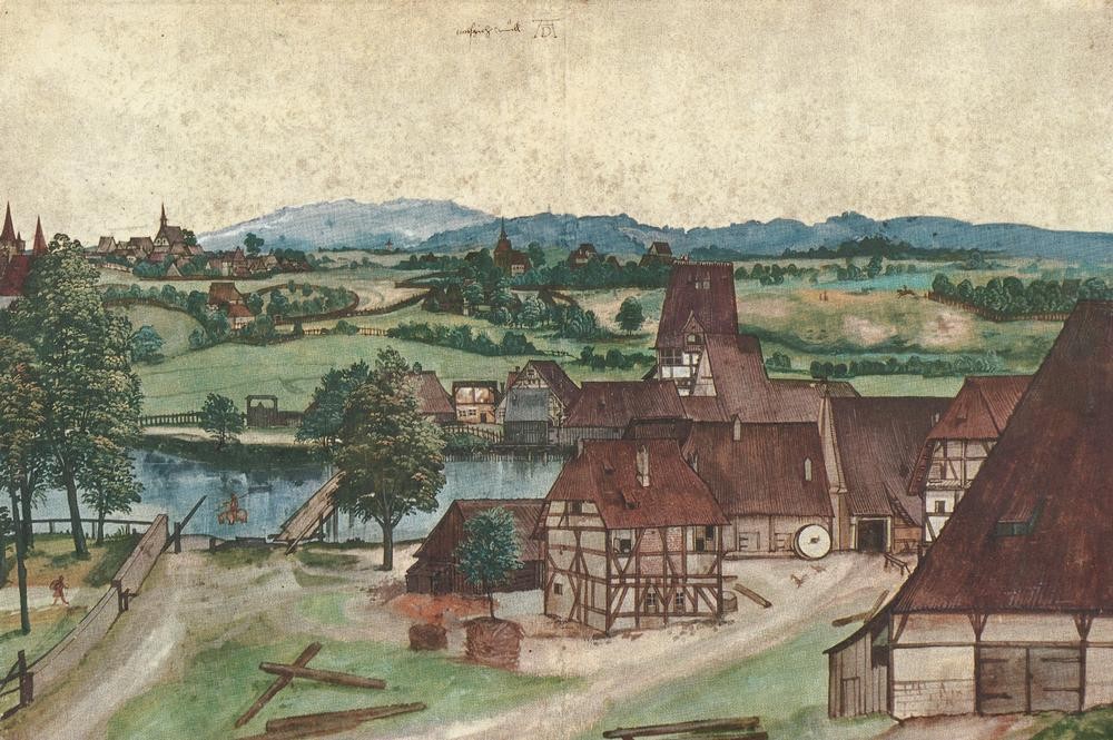 Albrecht Dürer, Drahtziehermühle (Deutsche Kunst,Dorf,Drahtzieher,Landschaft,Mühle,Wassermühle,Fachwerkbau,Renaissance,Technik,Wasserkraft)