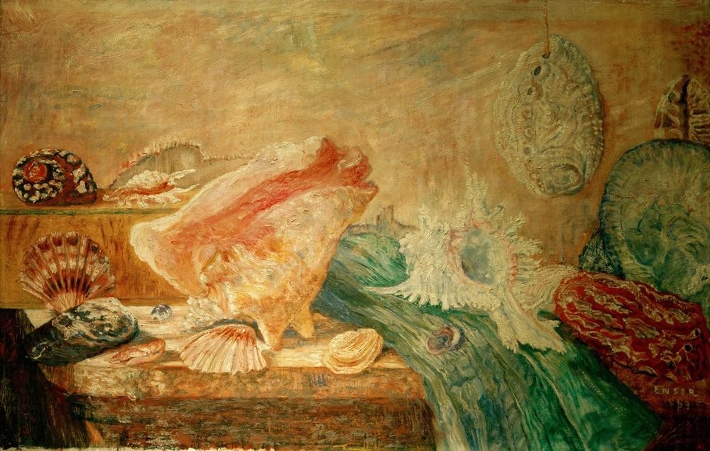 James Ensor, Coquillages et crustaces (Kunst,Impressionismus,Stillleben,Muschel,Belgische Kunst,Tier,Meeresfrüchte,Schalentiere,Les Xx,Signatur)