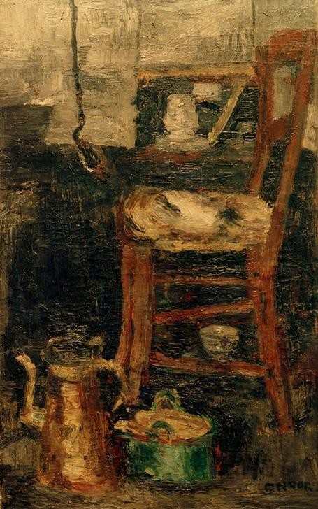 James Ensor, La petite chaise (Kanne,Kunst,Möbel,Sitzmöbel,Stillleben,Interieur,Belgische Kunst,Gefäss,Stuhl,Les Xx,Signatur,Giessgefäss)