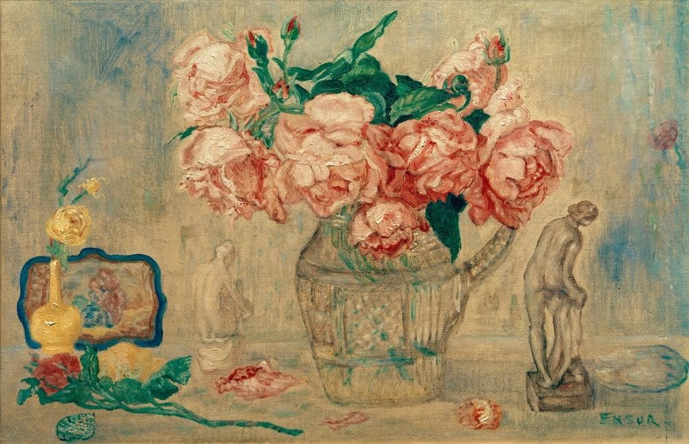 James Ensor, Roses et Tanagras (Frau,Glas,Kanne,Kunst,Rose,Akt,Stillleben,Blumenstrauss,Vase,Rückenakt,Rückenfigur,Belgische Kunst,Gefäss,Rosenstrauss,Blume,Privatsammlung,Glasvase,Skulptur Im Bild,Tanagrafigur,Les Xx,Signatur)