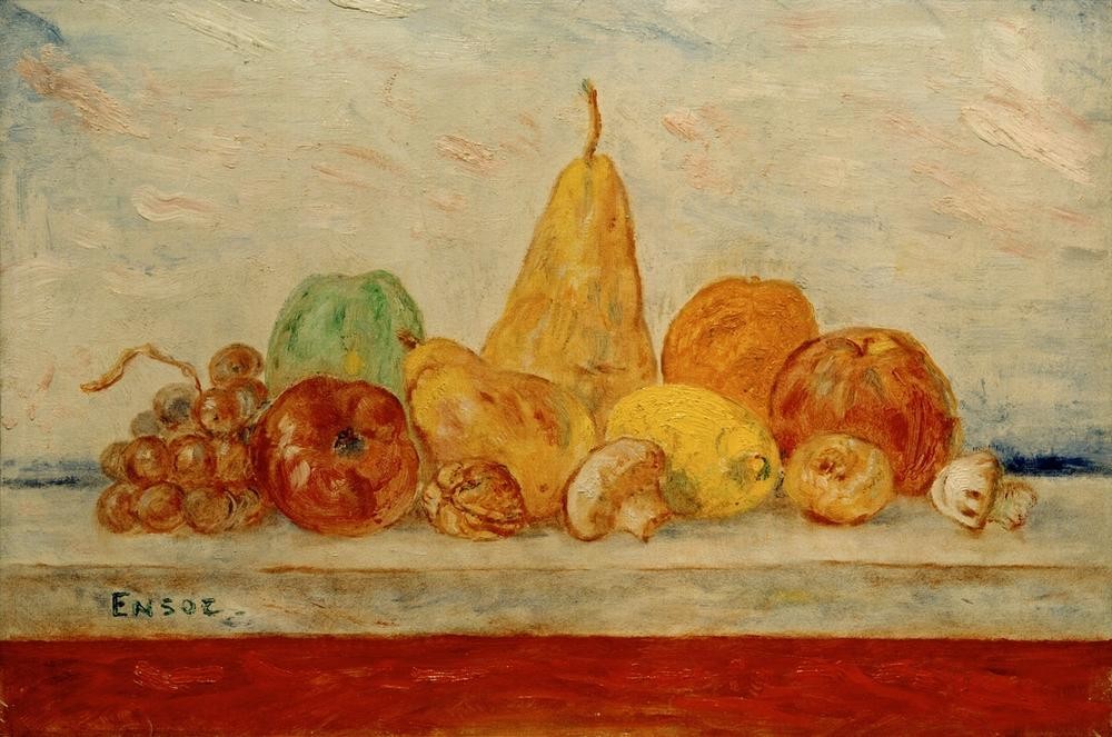 James Ensor, Fruits en lumière (Apfel,Früchte,Kunst,Obst,Nahrungsmittel,Stillleben,Nuss,Belgische Kunst,Birne,Weintraube,Zitrone,Pilz,Champignon,Walnuss,Zitrusfrucht,Privatsammlung,Les Xx,Signatur)