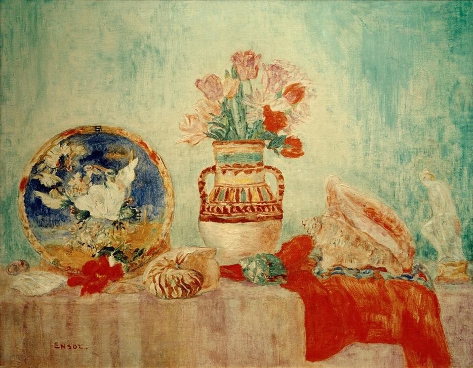 James Ensor, Lumières effeuillées (Kunst,Stillleben,Blumenstrauss,Vase,Muschel,Chinoiserie,Teller,Belgische Kunst,Gefäss,Blume,Skulptur Im Bild,Farbigkeit,Les Xx,Signatur,Zierteller,Farbe)