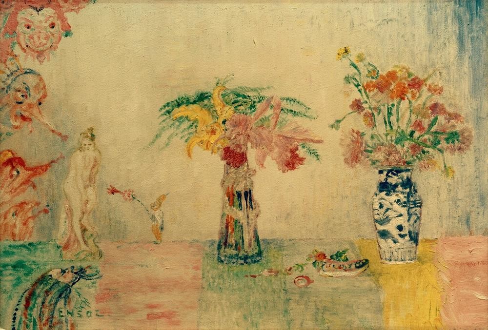 James Ensor, Le Langage des fleurs (Frau,Kunst,Maskerade,Symbolismus,Stillleben,Blumenstrauss,Vase,Chinoiserie,Phantastische Kunst,Belgische Kunst,Gefäss,Blume,Chinavase,Skulptur Im Bild,Maske (Gegenstand),Les Xx,Karneval,Verkleidung,Signatur)