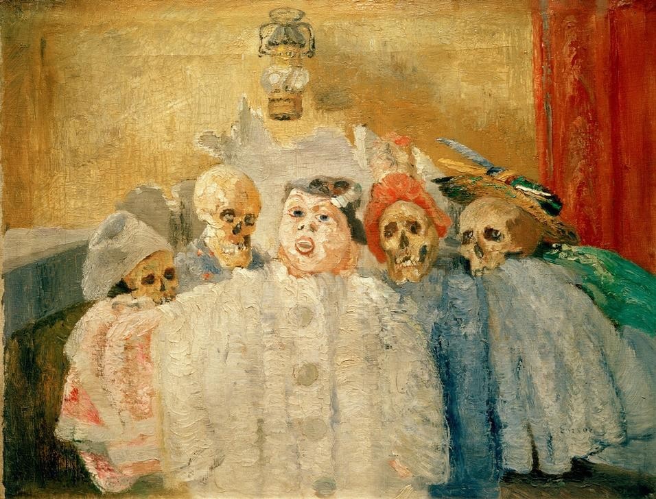 James Ensor, Pierrot et squelettes (Feste,Kalenderfeste,Kunst,Laterne,Maskerade,Mensch,Petroleumlampe,Theater,Tod,Totentanz,Symbolismus,Knochenmann,Phantastische Kunst,Totenkopf,Pierrot,Belgische Kunst,Jahrhundertwende,Maske (Gegenstand),Les Xx,Karneval,Verkleidung,Signatur)