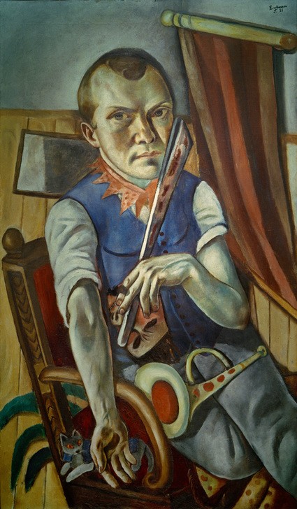 Max Beckmann, Selbstbildnis mit Pritsche und Trompete (Selbstbildnis als (Sebstportrait, Portrait, Sessel, Katze, Trompete, Pritsche, Schlaginstrument, Interieur, Expressionismus, Klassische Moderne, Malerei, Wohnzimmer, Treppenhaus, Wunschgröße, bunt)