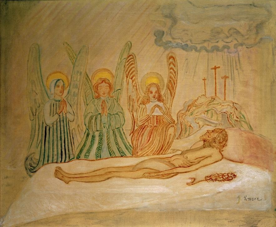 James Ensor, Le Christ et les anges (Christentum,Engel,Gebet,Kreuz,Kunst,Leiche,Religion,Tod,Trauer,Symbolismus,Neues Testament,Bibel,Totenklage,Christi Beweinung,Phantastische Kunst,Belgische Kunst,Passion Christi,Les Xx,Signatur)