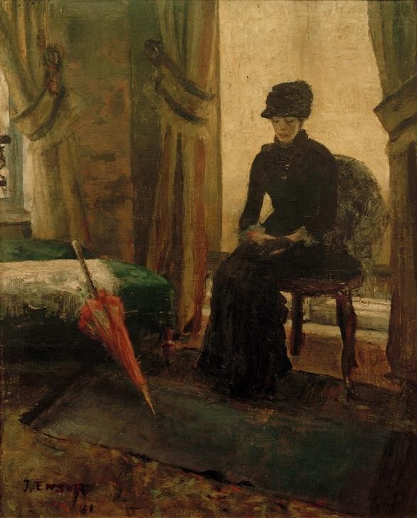 James Ensor, La Dame sombre (Besuch,Frau,Kunst,Mensch,Trauer,Portrait,Depression,Melancholie,Interieur,Bürgertum,Belgische Kunst,Trauerkleidung,Warten,Traurigkeit,Kleidung (Allgemein),Frauenleben,Trostlosigkeit,Sitzen,Gefühl (Stimmung),Ganzfigurig,Negative Stimmungen Und Gefühle,Les)