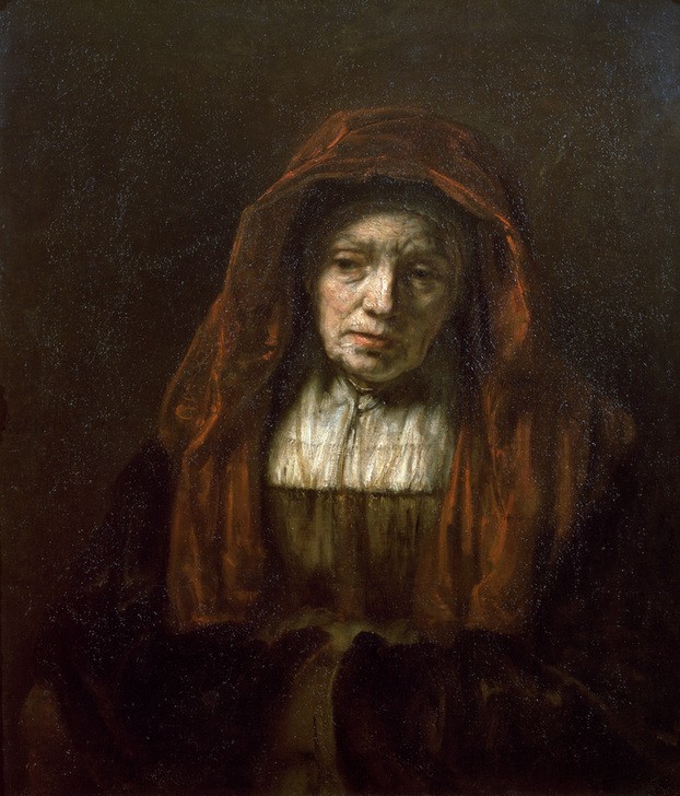 Rembrandt Harmenszoon van Rijn, Alte Frau mit Kopftuch (Frau,Mode,Alter,Barock,Portrait,Niederländische Kunst,Alte Frau,Halbfigur,Kopftuch)
