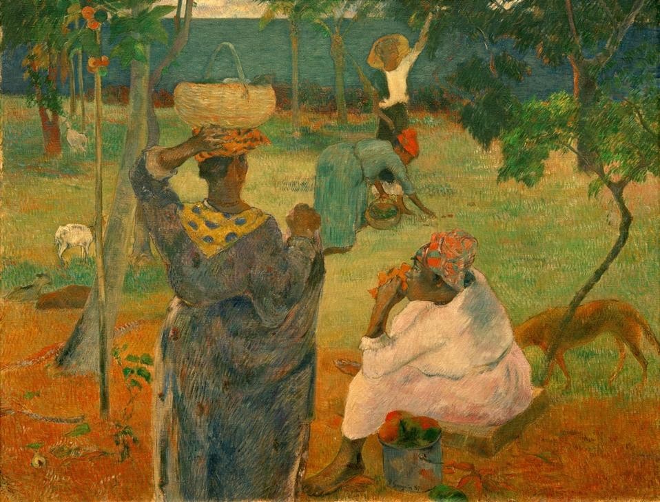 Paul Gauguin, La cueillette des fruits (ou Les Mangos) (Ernte,Farbige,Frau,Früchte,Obstbau,Obst,Völkerkunde,Schwarze,Französische Kunst,Korb,Mango,Synthetismus,Schule Von Pont-Aven,Afroamerikaner (F M),Obsternte,Auf Dem Kopf Tragen,Obstbaum,Land Und Leute,Kopftuch,Essen (Nahrung))