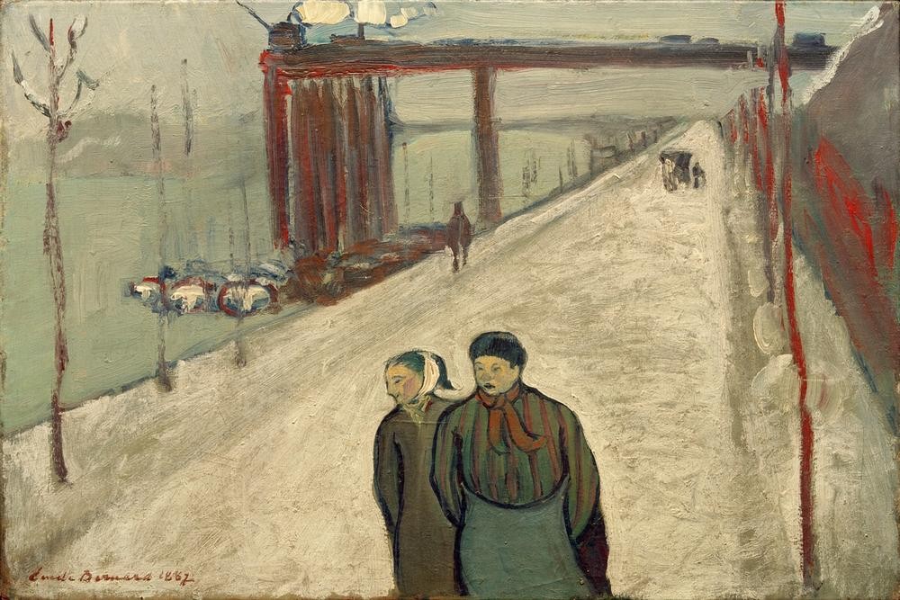 Emile Bernard, Quai de Clichy (Landschaft, Spaziergang, Winter, Schnee, Fluss, Französische Kunst, Fussgänger, Schule von Pont-Aven, Quai, Malerei, Cloisonismus, Klassische Moderne,  Wohnzimmer, Wunschgröße, bunt)