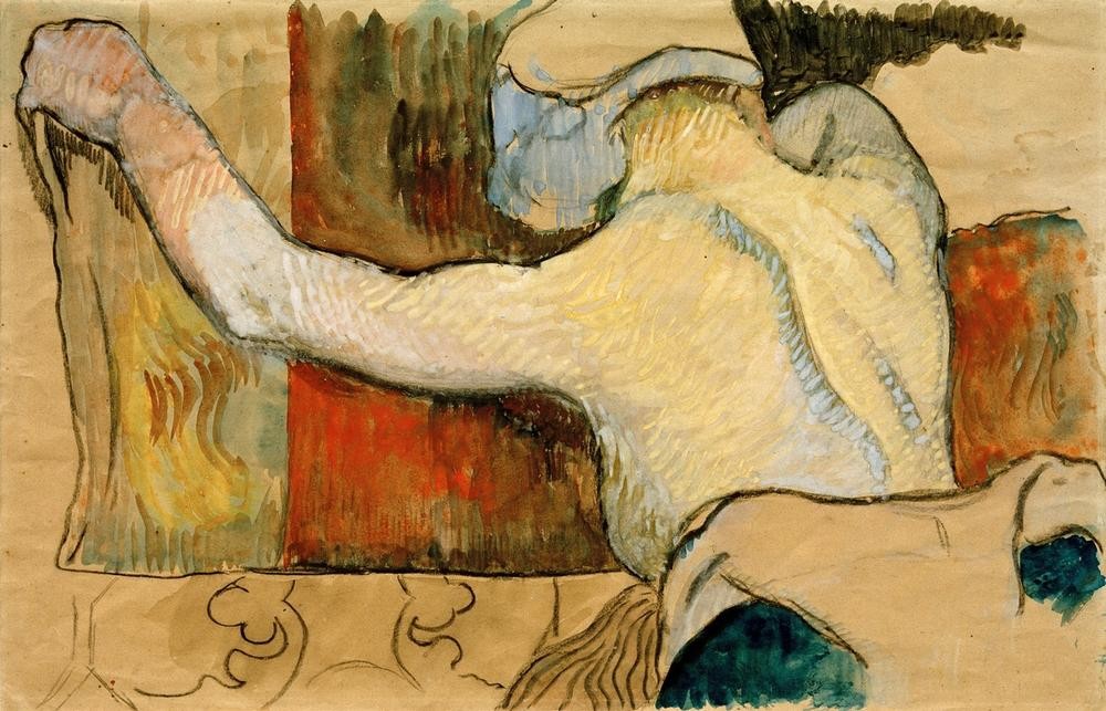 Paul Gauguin, Studie für ‘Frauen mit Schweinen’ oder ‘Mittagshitze' (Frau,Volkskunde,Akt,Haube,Rückenakt,Studie,Französische Kunst,Halbakt,Synthetismus,Schule Von Pont-Aven)