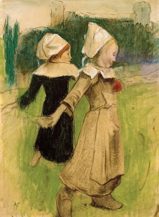 Paul Gauguin, Studie für: ‘Bretonische Mädchen beim Tanz, Pont– Aven) (Kind,Mädchen,Reigen (Tanz),Tanz,Tracht,Volkskunde,Volkstanz,Haube,Studie,Französische Kunst,Kinderleben,Holzschuhe,Synthetismus,Schule Von Pont-Aven)
