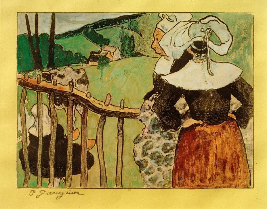 Paul Gauguin, Bretonnes á la Barrière (Frau,Kunst,Rind,Tracht,Volkskunde,Zaun,Haube,Französische Kunst,Landleben,Frauenleben,Landbevölkerung,Synthetismus,Schule Von Pont-Aven,Landwirtschaft,Viehzucht)