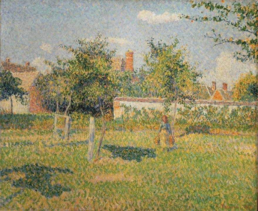 Camille Pissarro, Femme dans un clos (Bauernhof,Dorf,Frau,Jahreszeiten,Obstgarten,Impressionismus,Frühling,Schatten,Baum,Wiese,Bäuerin,Schule Von Barbizon,Französische Kunst,Sonnenlicht,Sonnenschein,Licht Und Schatten,Obstbaum,Nutzgarten)