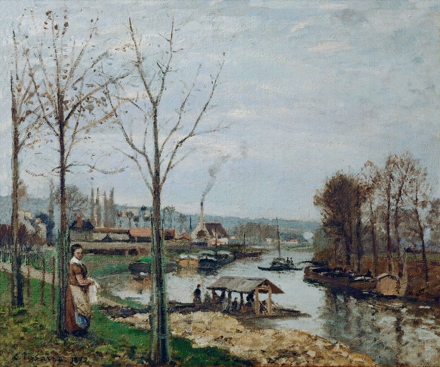 Camille Pissarro, Port-Marly, le lavoir (Boot,Dorf,Kunst,Landschaft,Schiff,Wasser,Impressionismus,Fluss,Schule Von Barbizon,Französische Kunst,Wäsche,Waschhaus,Leben,Alltag,Vier Elemente)
