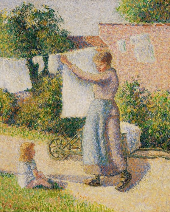 Camille Pissarro, Femme etendant du linge (Dorfkind,Familie,Hausarbeit,Kind,Landschaft,Mutter Und Kind,Volkskunde,Wasser,Impressionismus,Hausfrau,Schubkarre,Schule Von Barbizon,Französische Kunst,Wäscheplatz,Wäsche,Illustration,Harmonie,Leben,Wäscheleine,Landleben,Haushalt,Kinderleben,Zuschauen,Fr)