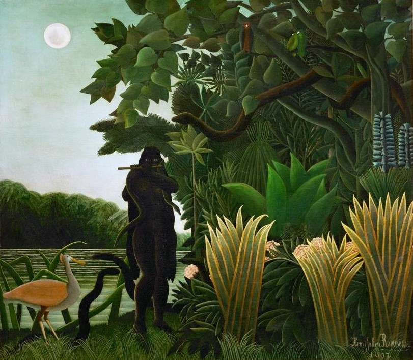 Henri Rousseau, La charmeuse de serpents (Dschungel, Bäume, Flötenspieler, Schlange, Schlangenbeschwörer, mystisch, Naive Malerei, magischer Realismus, Wohnzimmer, Treppenhaus, klassische Moderne, Malerei, Wunschgröße, bunt)