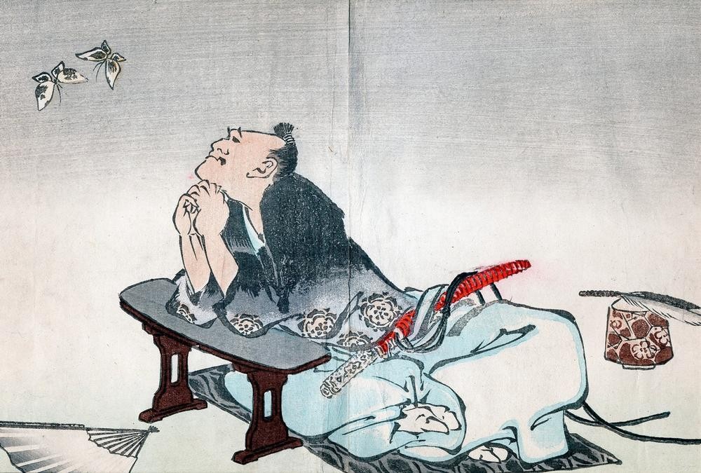 Katsushika Hokusai, A Philosopher watching a pair of butterflies (Bilder,Japanische Kunst,Natur)