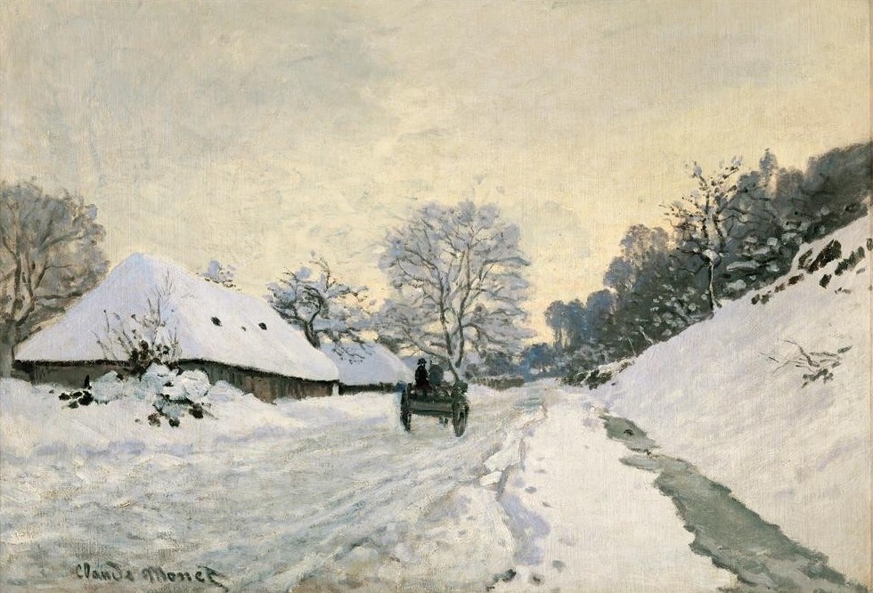 Claude Monet, La charrette. Route sous la neige à Honfleur (Jahreszeiten,Kutsche,Landstrasse,Landschaft,Pferdefuhrwerk,Pferdewagen,Verkehr,Wetter,Winter,Impressionismus,Schnee,Französische Kunst,Karren)