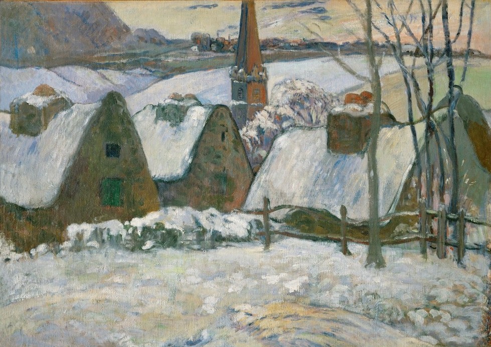 Paul Gauguin, Village breton sous la neige (Bauernhaus,Dorf,Haus,Jahreszeiten,Kirche,Landschaft,Wetter,Winter,Schnee,Französische Kunst)
