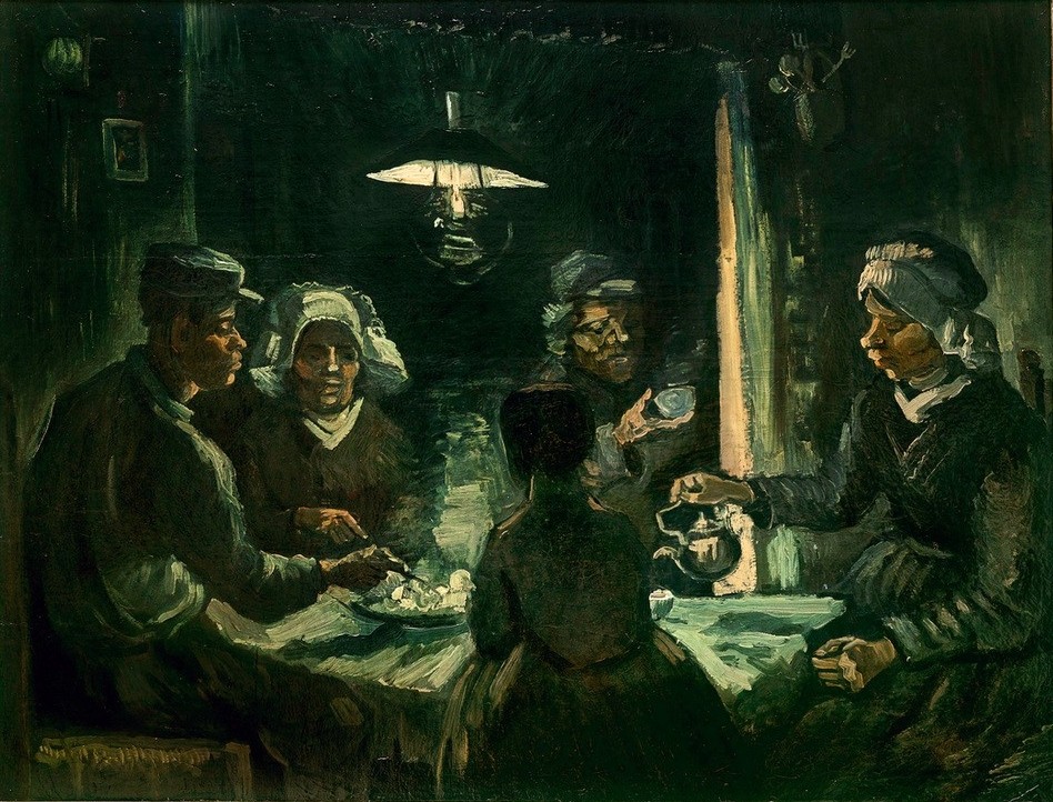 Vincent van Gogh, Die Kartoffelesser (Armut,Bauer (Landwirt),Essen Und Trinken,Familie,Gemüse,Licht Und Beleuchtung,Petroleumlampe,Tafelsitten,Volkskunde,Impressionismus,Hut,Trinken,Kartoffel,Lampe,Realismus,Niederländische Kunst,Bettler,Kleidung (Allgemein),Landbevölkerung,Bescheidenheit,Lan)