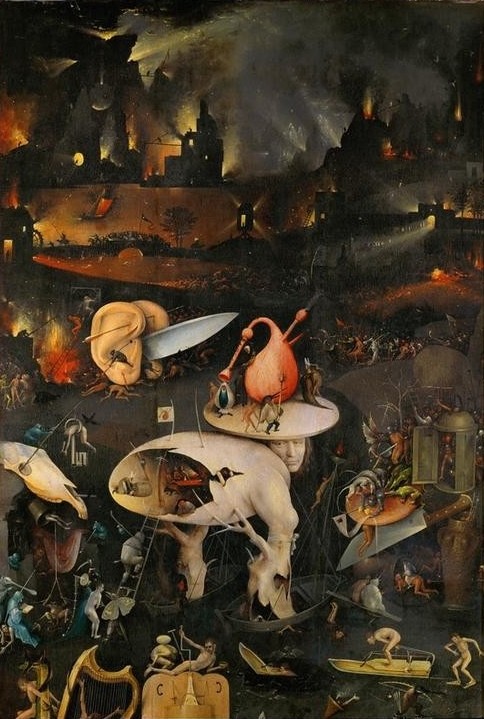 Hieronymus Bosch, Die Hölle (Besteck,Christentum,Dudelsack,Feuer,Liebe,Mädchen,Religion,Strafe,Renaissance,Akt,Allegorie,Werkzeug,Portrait,Messer,Hölle,Phantastische Kunst,Niederländische Kunst,Erotische Kunst,Sexualität,Jenseitsvorstellungen,Tier,Kopf,Ertrinken,Vier Elemente)