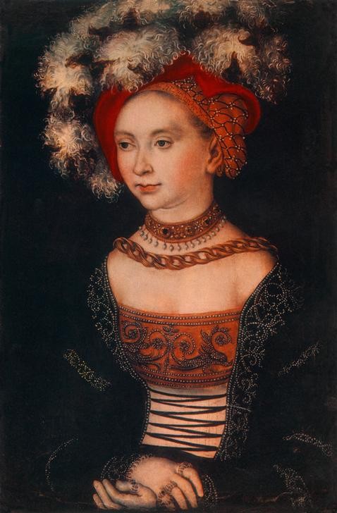 Lucas Cranach der Ältere, Damenbildnis (Bildnis, Portrait, Frau, Adel, Eleganz, Schmuck, Gold, Kopfbedeckung, Federn, Gesellschaft, Menschen, Portrait, Klassiker, Renaissance, Wunschgröße, Wohnzimmer)
