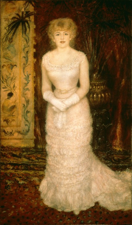 Pierre-Auguste Renoir, Bildnis der Schauspielerin Jeanne Samary (Portrait, Ganzkörper, Schauspielerin, Dame, Frau, eleganz, Interieur, Damenmode, Handschuh,  Abendkleid,  Impressionismus, klassische Moderne, Wunschgröße, Wohnzimmer, Malerei)