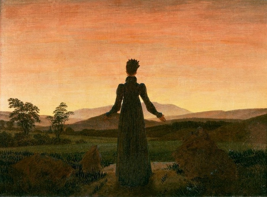 Caspar David Friedrich, Frau vor der untergehenden Sonne (Deutsche Kunst,Frau,Sehnsucht (Gefühl),Sonnenuntergang,Sonne,Sonnenkult,Tageszeiten,Abend,Fernweh,Rückenfigur,Licht,Sonnenlicht,Gegenlicht,Betrachten,Romantik,Gefühl (Stimmung),Protestantismus,Folgen Der Reformation)