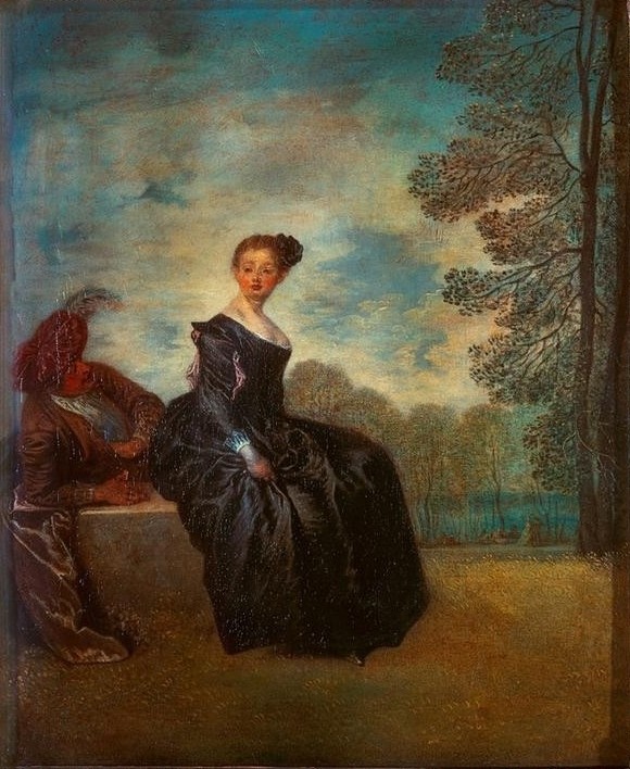 Jean-Antoine Watteau, Die Schmollende (Flirt, Liebespaar, Paar, Beleidigt, Mauer, Mode, Rokoko, Wohnzimmer,  Malerei, Klassiker,  Wunschgröße)