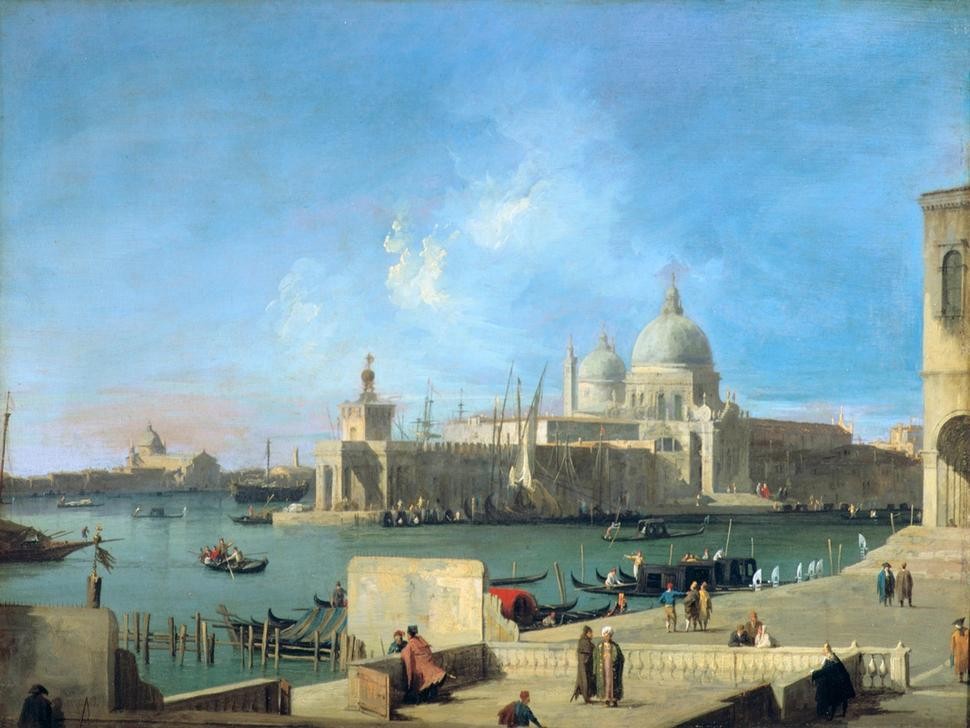 Giovanni Antonio Canaletto, View of the Salute from the Entrance to the Grand Canal’ Venice (Wunschgröße, Malerei, Venedig, Vedute, Stadtansicht, Städte,  Lagune, Gondeln, Architektur, Kirche, Zollhaus, Dogana, Italien, Klassiker, Wohnzimmer, bunt)