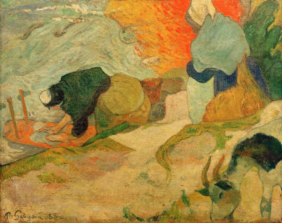 Paul Gauguin, Laveuses à Arles (Frau,Gewässer,Hausarbeit,Mensch,Volkskunde,Waschfrau,Französische Kunst,Wäsche,Frauenleben,Waschtag,Synthetismus,Alltag)