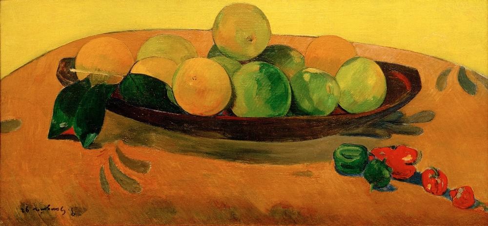 Paul Gauguin, Nature morte aux fruits et piments (Früchte,Kunst,Obst,Stillleben,Französische Kunst,Obstschale,Gewürz,Synthetismus)