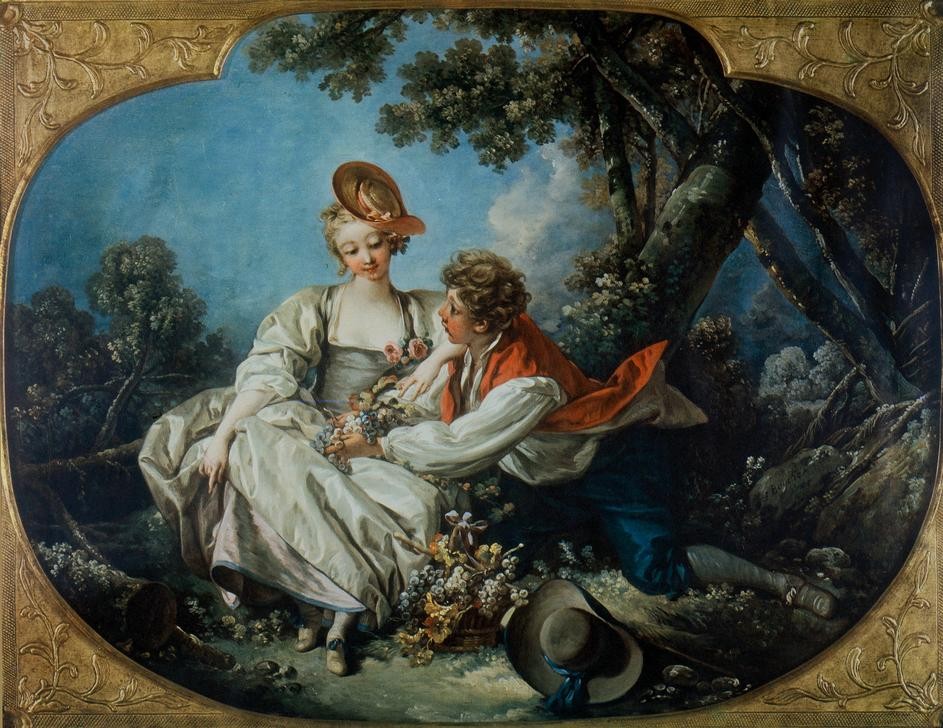 Francois Boucher, Der Herbst (Botanik,Damenhut,Damenmode,Frau,Früchte,Herbst,Herrenhut,Jahreszeiten,Jugend (Lebensalter),Landschaft,Liebe,Liebespaar,Mädchen,Mann,Mode,Freizeit,Rose,Wald,Hut,Dekollete,Rokoko,Strohhut,Bilderrahmen,Liebeserklärung,Französische Kunst,Korb,Lächeln,Paar,Kna)