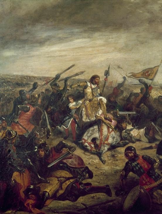 Eugene Delacroix, Die Schlacht bei Poitiers (Geschichte, Schlacht, Hundertjähriger Krieg, Kampf, Gefallene, Waffen, Schwerter,  Wunschgröße, Spätromantik, Klassiker, Malerei, Wohnzimmer, bunt)