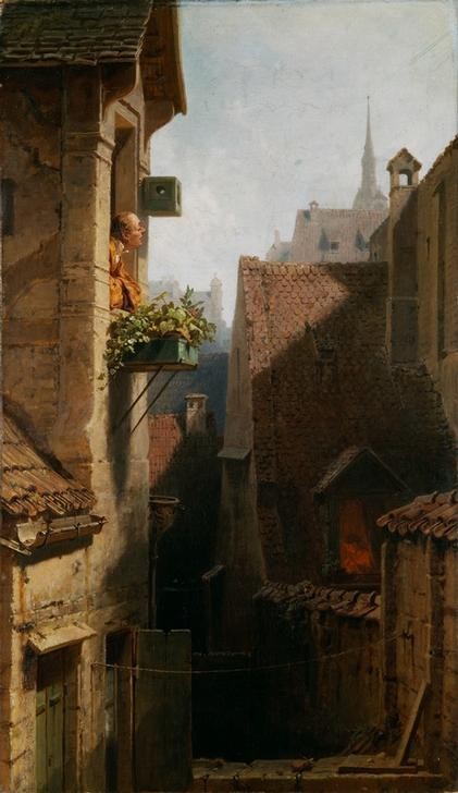 Carl Spitzweg, Der Hypochonder (Architektur,Dach,Deutsche Kunst,Stadt,Biedermeier,Hinterhaus,Beobachten,Hypochondrie,Vogelkäfig,Dachrinne,Illustration,Wäscheleine,Dachlandschaft,Dachziegel,Spanner (Voyeur),Verwitterung,Blumenkasten,Aus Dem Fenster Sehen)