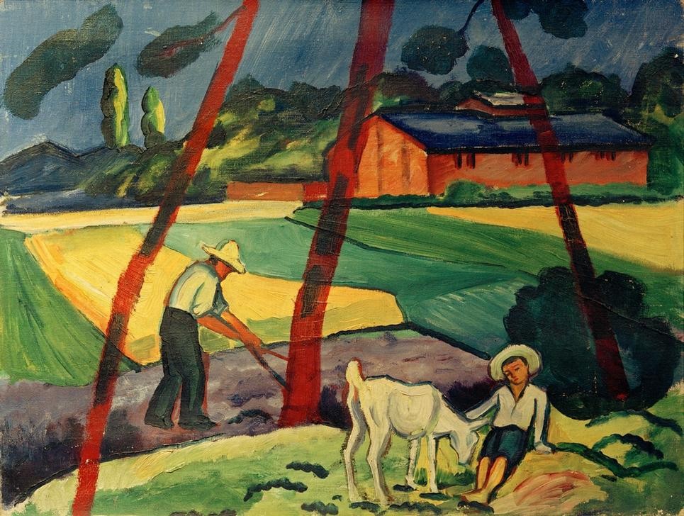 August Macke, Landschaft mit Bauer, Junge und Ziege (Ackerbau,Bauer (Landwirt),Deutsche Kunst,Dorfkind,Kunst,Landschaft,Ziege,Expressionismus,Der Blaue Reiter,Kind Und Tier,Knabe,Landleben,Kinderleben,Landbevölkerung,Feldarbeit,Landwirtschaft)