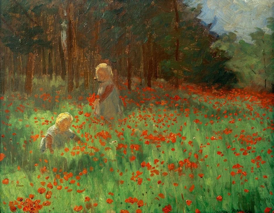 Marie von Malachowski-Nauen, Mohnwiese (Deutsche Kunst,Kind,Kunst,Landschaft,Mädchen,Mohn,Frauenkunst,Wiese,Blumenpflücken,Kinderleben,Blume)