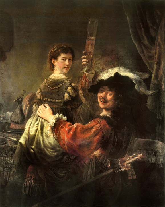 Rembrandt Harmenszoon van Rijn, Selbstbildnis mit seiner Gattin Saskia als Verlorener Sohn (Ehepaar,Essen Und Trinken,Frau,Künstlerleben,Künstler,Liebe Und Ehe,Maler (Künstler),Barock,Selbstbildnis,Trinken,Neues Testament,Bibel,Ehefrau Von Berühmten,Künstlerfrau,Gleichnis,Niederländische Kunst,Der Verlorene Sohn,Holländische Kunst,Paar,Zutrinken)