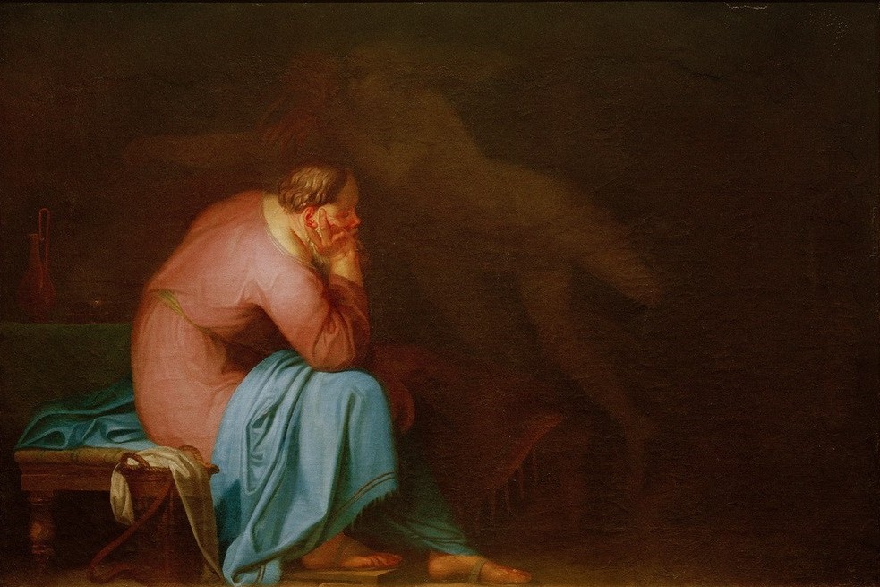 Nicolai Abildgaard, Sokrates und sein Dämon (Kunst,Mann,Philosoph,Klassizismus,Philosophie,Dämon,Inspiration,Dänische Kunst,Genius,Erscheinung,Sitzen,Kopf Stützen,Person)