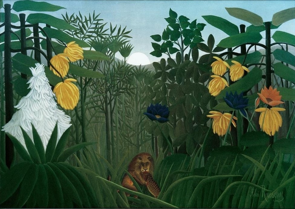 Henri Rousseau, Le repas du lion (Dschungel, Bäume, Löwe, Beute, Jagd, Kampf, magischer Realismus, Wunschgröße, Wohnzimmer, Treppenhaus, Malerei, klassische Moderne, bunt)