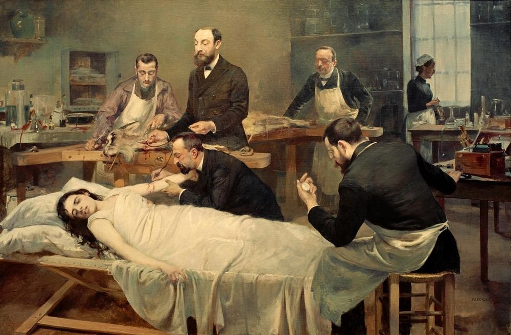 Jules Adler, Die Transfusion von Ziegenblut (ARZT, BLUT, EXPERIMENT, FRAU, KRANKE, KRANKHEIT, MEDIZIN, ZIEGE, THERAPIE, REALISMUS, FRANZÖSISCHE KUNST, TRANSFUSION, TIER, MENSCHENVERSUCH, BLÄSSE)