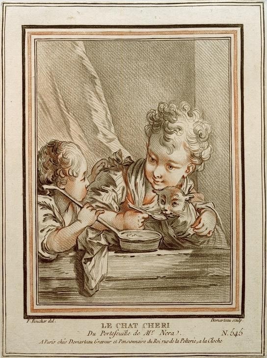 Francois Boucher, Das Kätzchen (Katze (Tier),Kinderspiel,Kind,Mädchen,Spiel,Rokoko,Kind Und Tier,Französische Kunst,Fütterung,Tier In Menschenrolle,Haustier,Kinderleben,Löffel)