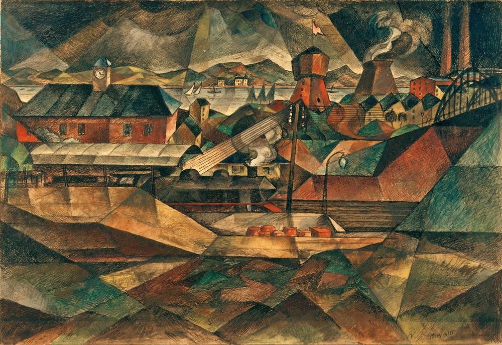 Paul Adolf Seehaus, Industriebahnhof I (Bahnhof,Deutsche Kunst,Eisenbahn,Industrie,Landschaft,Verkehr,Wirtschaft (Ökonomie),Expressionismus,Industrielandschaft)