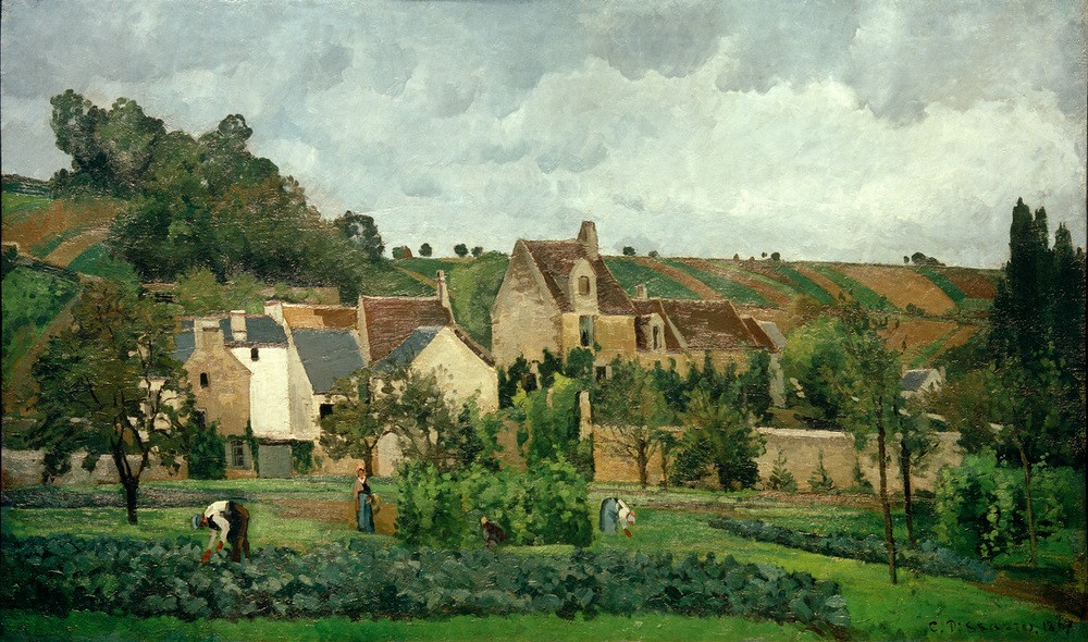 Camille Pissarro, L’Hermitage à Pontoise (Dorf,Kunst,Landschaft,Gemüsegarten,Impressionismus,Gartenarbeit,Französische Kunst,Landleben,Gemüseanbau,Gemüsebeet,Dorfleben,Nutzgarten,Garten)