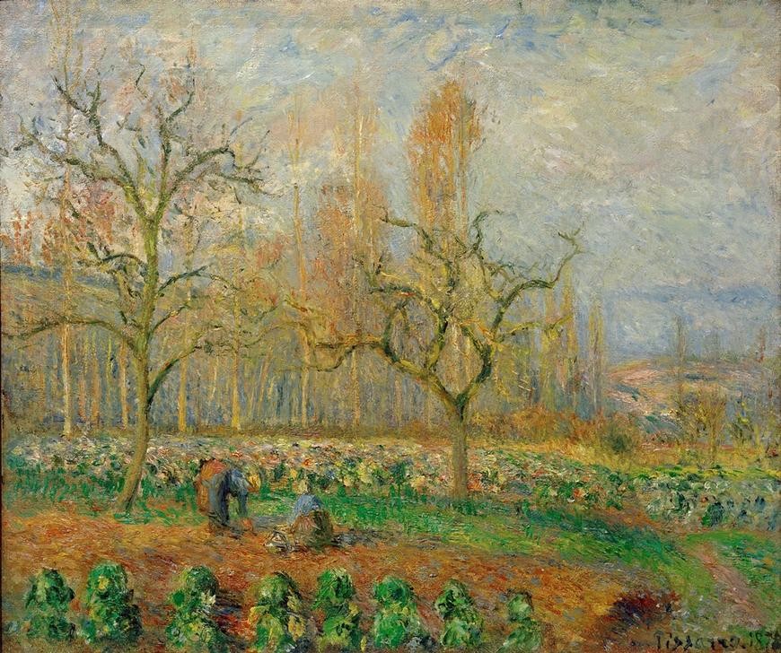 Camille Pissarro, Obstgarten in Pontoise bei Sonnenuntergang (Kunst,Landschaft,Obstbau,Sonnenuntergang,Gemüsegarten,Obstgarten,Tageszeiten,Abend,Impressionismus,Gartenarbeit,Französische Kunst,Landleben,Menschen Im Garten,Gemüseanbau,Bücken,Obstbaum,Nutzgarten,Garten)